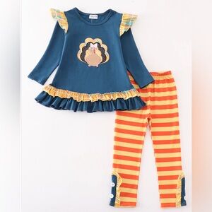 Navy thanksgiving turkey applique girl ruffle set